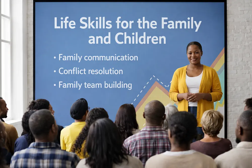 A facilitator presenting a life skills seminar to parents